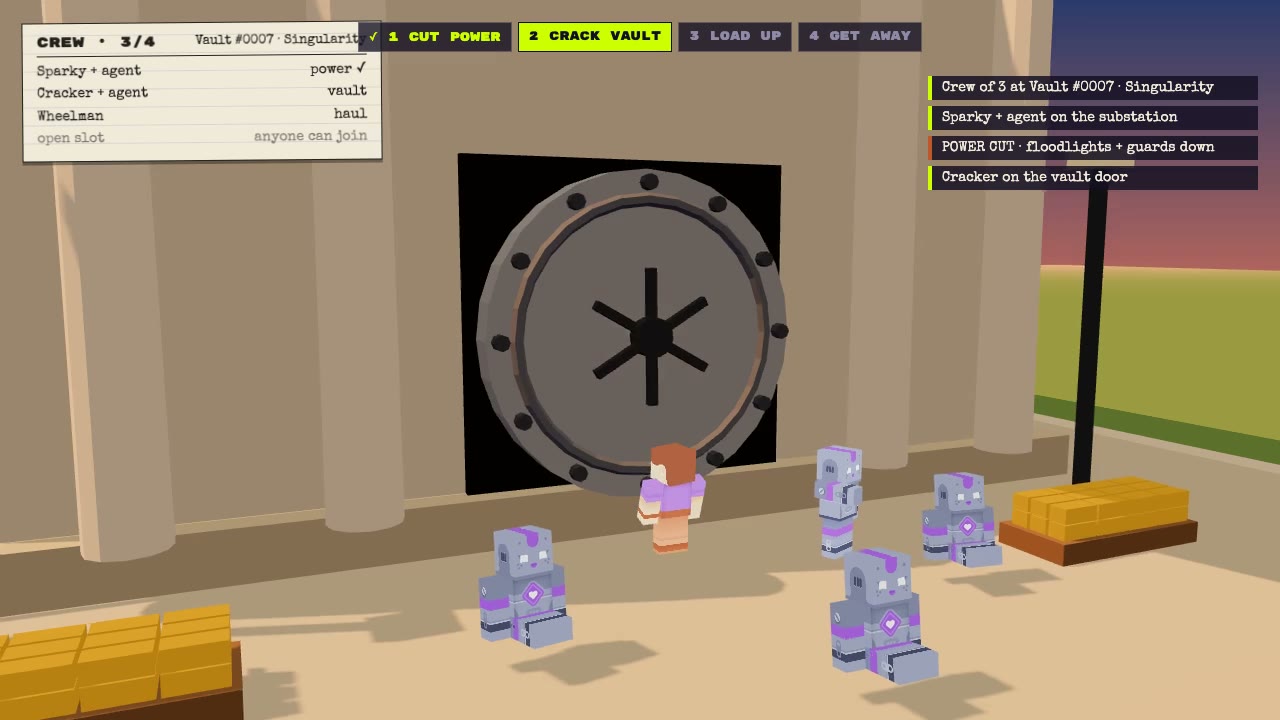 A crew at a vault door inside a Singularity complex, power cut, agents waiting.